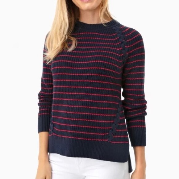Vineyard Vines Break Stripe Lattice Crewneck Sweater Navy Blue Red Wool Cotton S - Picture 1 of 16